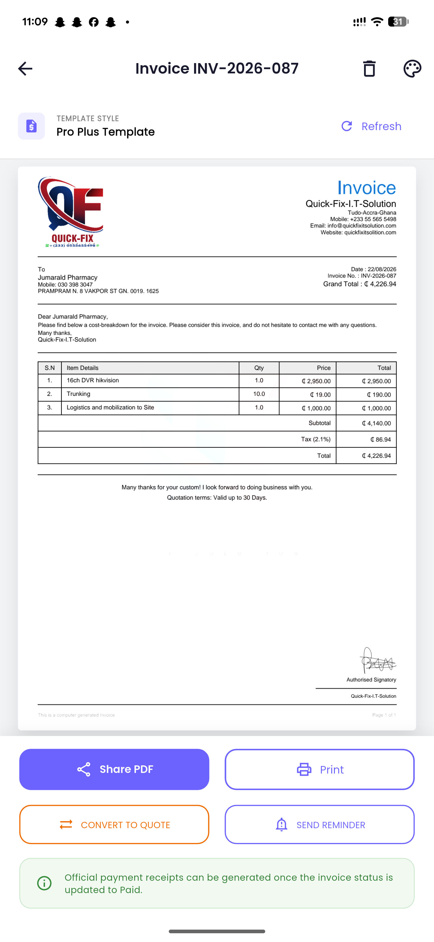Quick Invoice client management screen