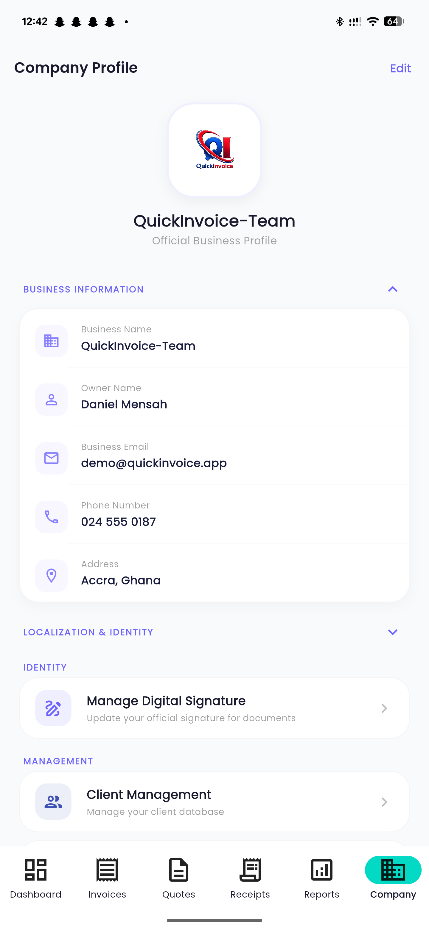 Quick Invoice invoice creation screen